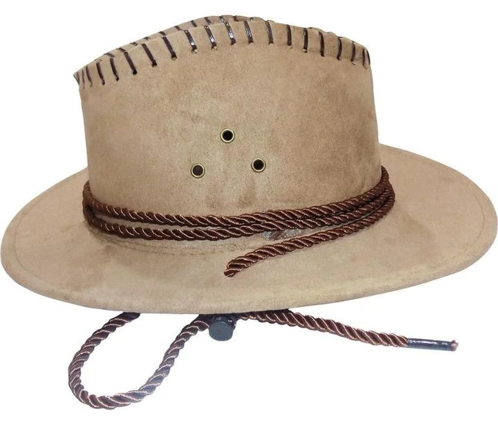 Men's Beige Faux Suede Cowboy Hat with Chin Strap