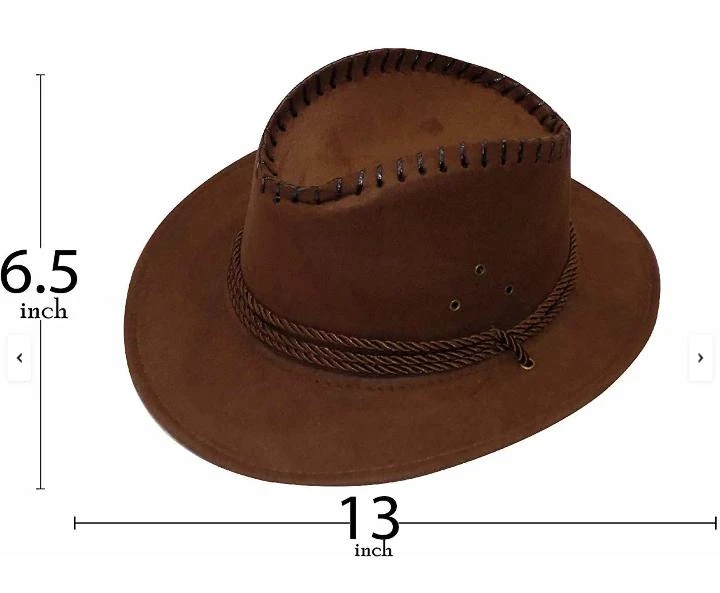 Brown wide-brim cowboy hat with braided band, stitched crown edge, and chin ties on white background
