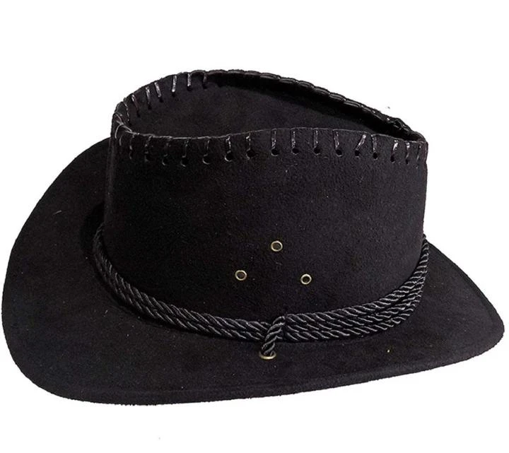 Black cowboy-style hat with wide brim, stitched crown edge and braided band