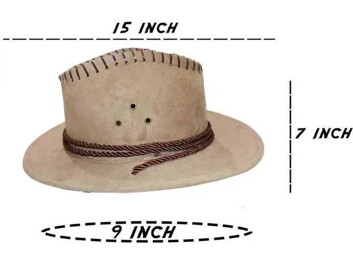 Beige wide-brim cowboy hat with stitched crown, braided band, and chin strap on white background