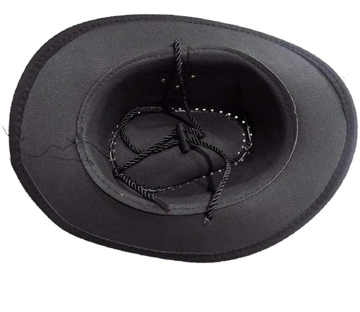 Black cowboy-style hat with wide brim, stitched crown edge and braided band