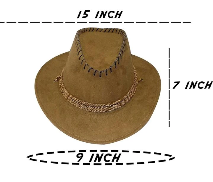 Brown cowboy-style hat with black whipstitch trim and braided rope band on a white background