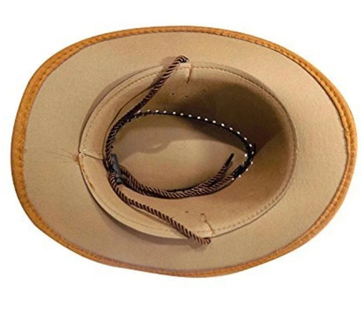 Brown cowboy hat with black contrast stitching and braided band on a white background