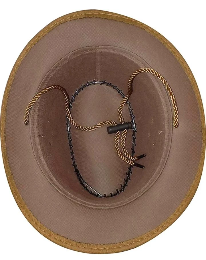 Brown cowboy-style hat with black whipstitch trim and braided rope band on a white background