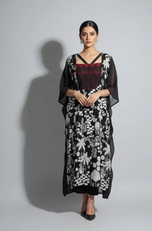 Women's Black Floral Printed Straight Kurta Dress