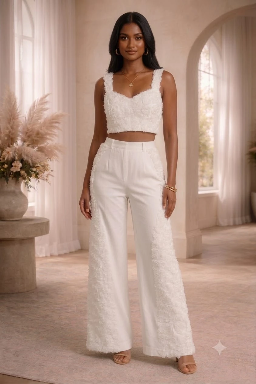Women's White Floral Textured Crop Top & Wide-Leg Pants Co-ord Set