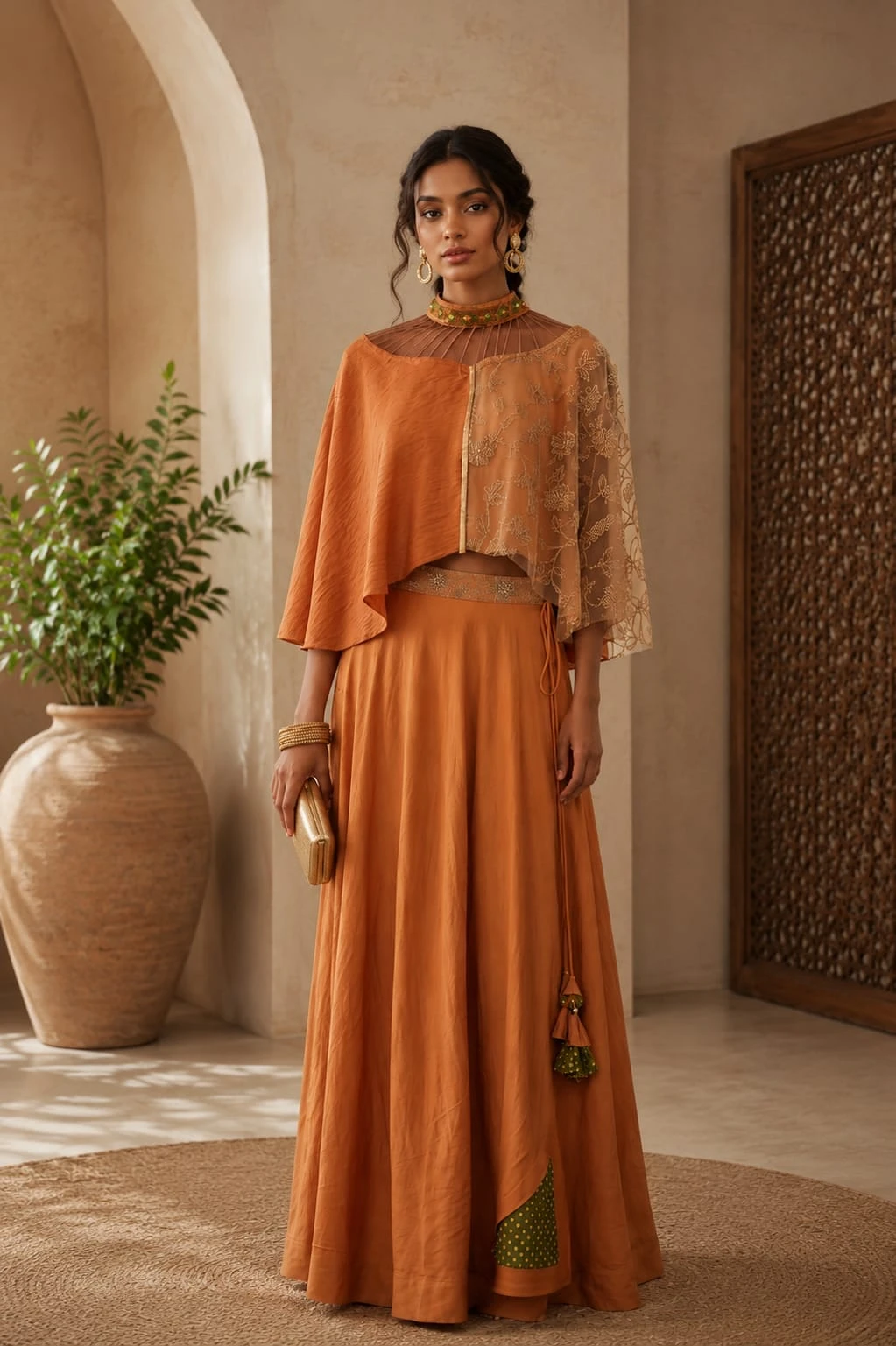Women’s Rust Orange Embroidered Cape Lehenga Set