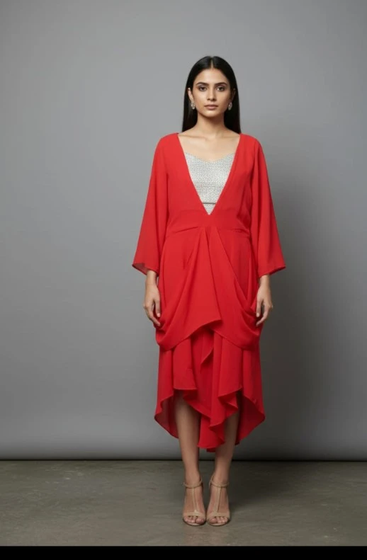 Women's Red Draped High-Low Midi Dress
