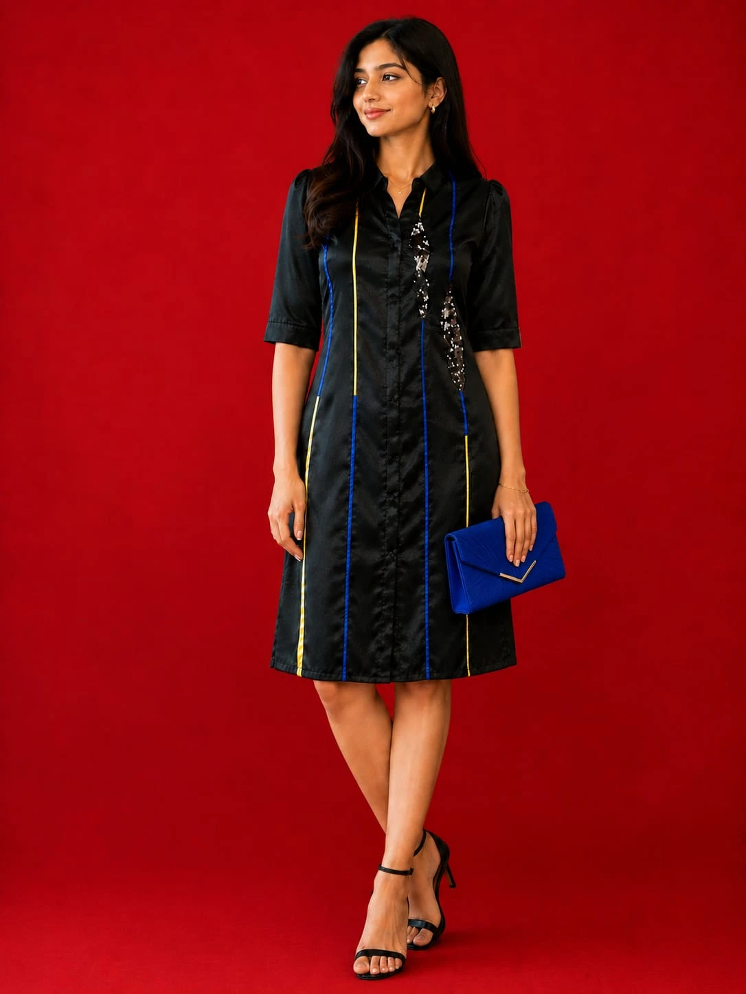 Women Black Shirt Dress with Contrast Stripe Detail view 1