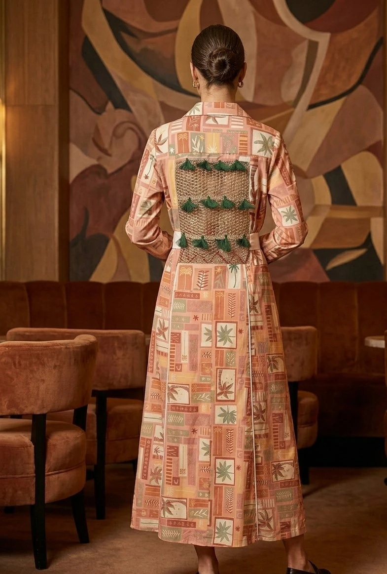 Women’s Printed A-Line Midi Dress with Embellished Back Panel