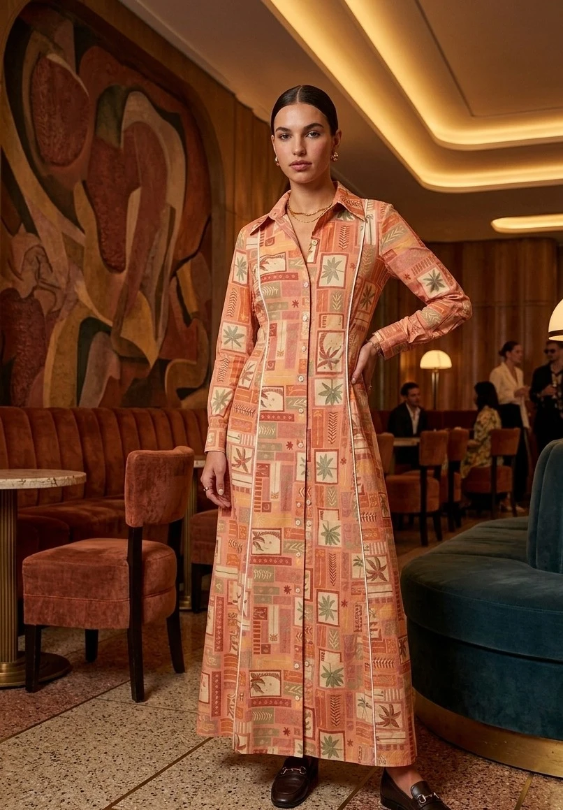 Women’s Printed A-Line Midi Dress with Embellished Back Panel view 1