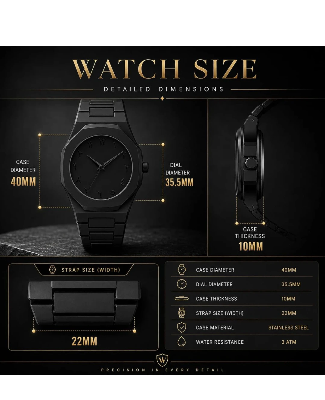 All-black analog wrist watch with geometric case, Arabic numeral dial and matching link strap