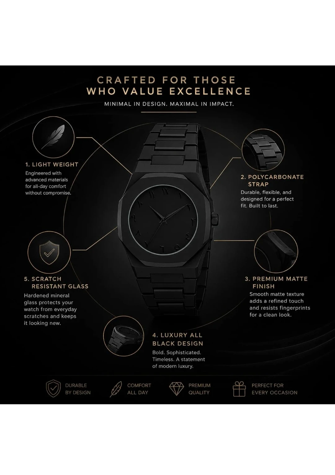 All-black analog wrist watch with geometric case, Arabic numeral dial and matching link strap