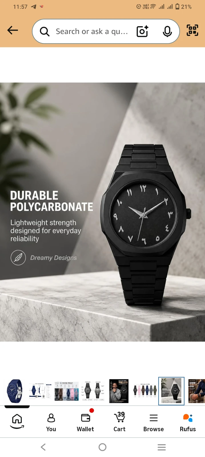 All-black analog wrist watch with geometric case, Arabic numeral dial and matching link strap