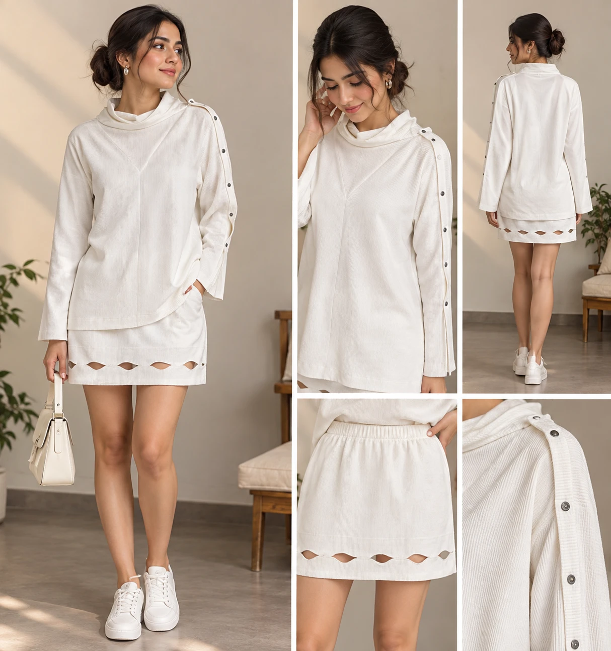 Women's White Ribbed Cowl Neck Top & Mini Skirt Co-ord Set