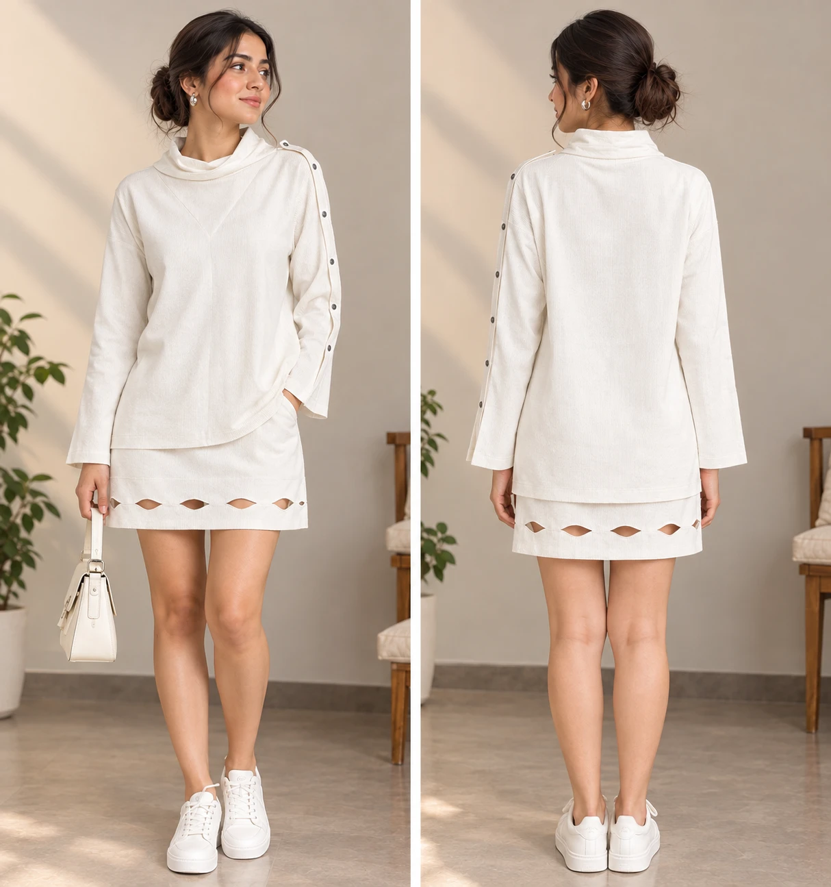 Women's White Ribbed Cowl Neck Top & Mini Skirt Co-ord Set view 2