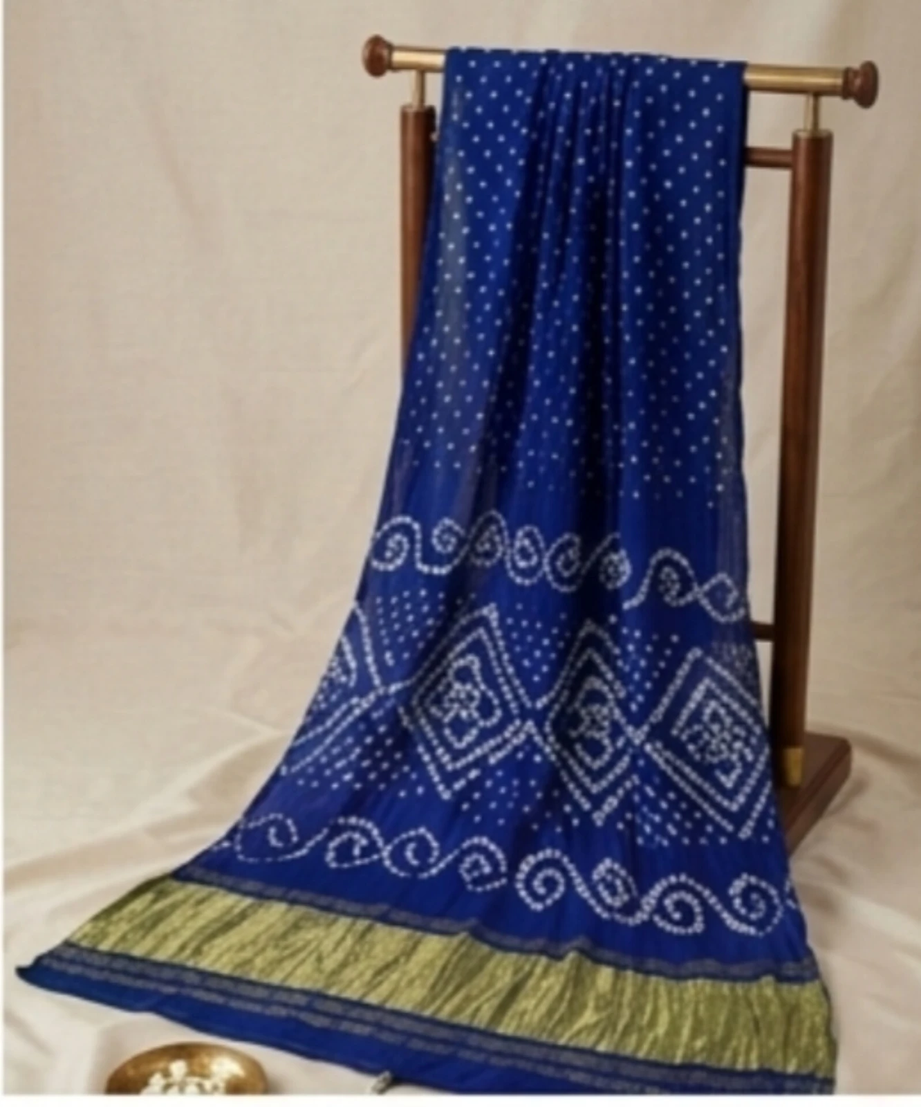 Blue hand work Bandhani modal silkSaree with gold pallu