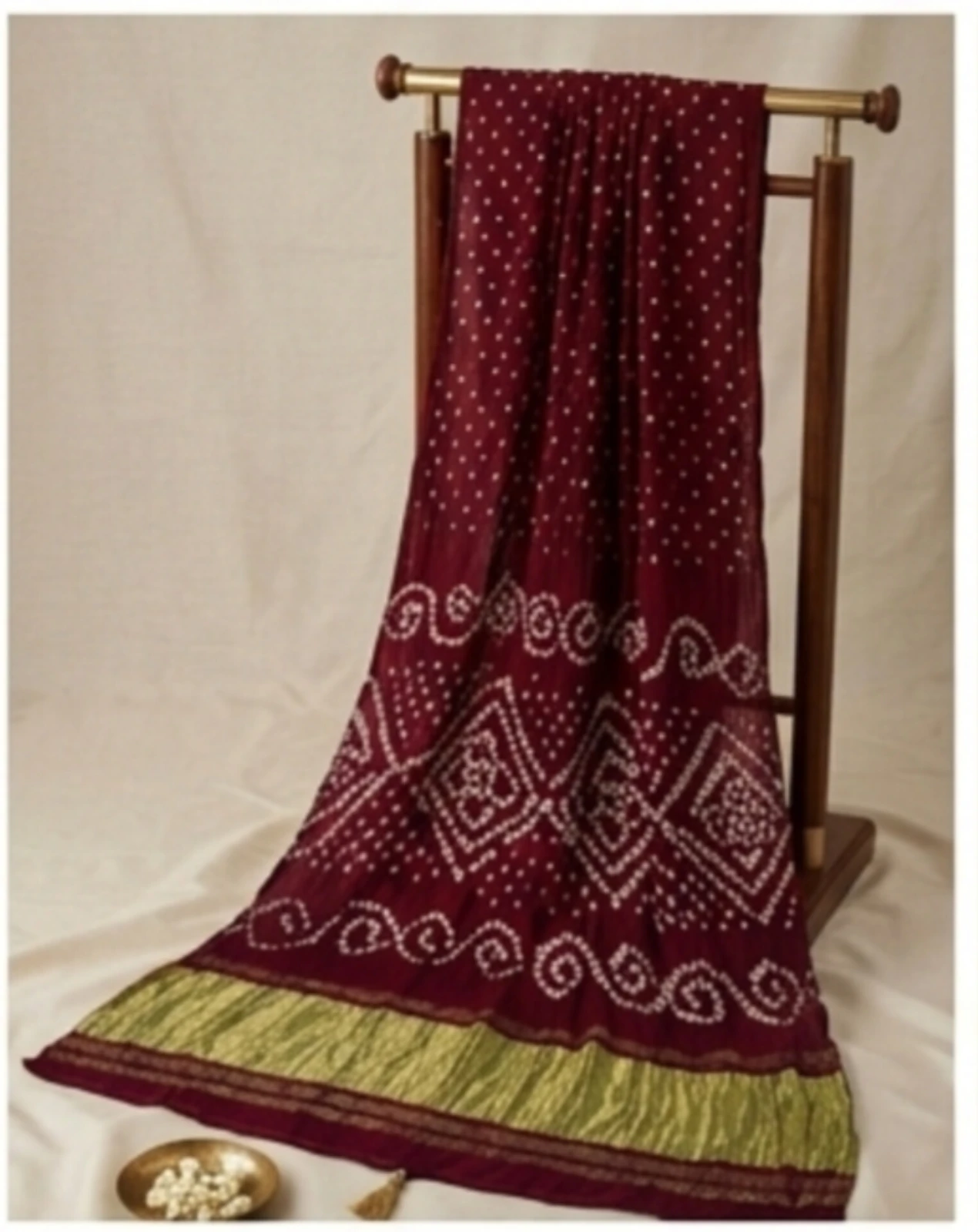 Women's wine colour Bandhani hand work modal Silk Saree with gold pallu