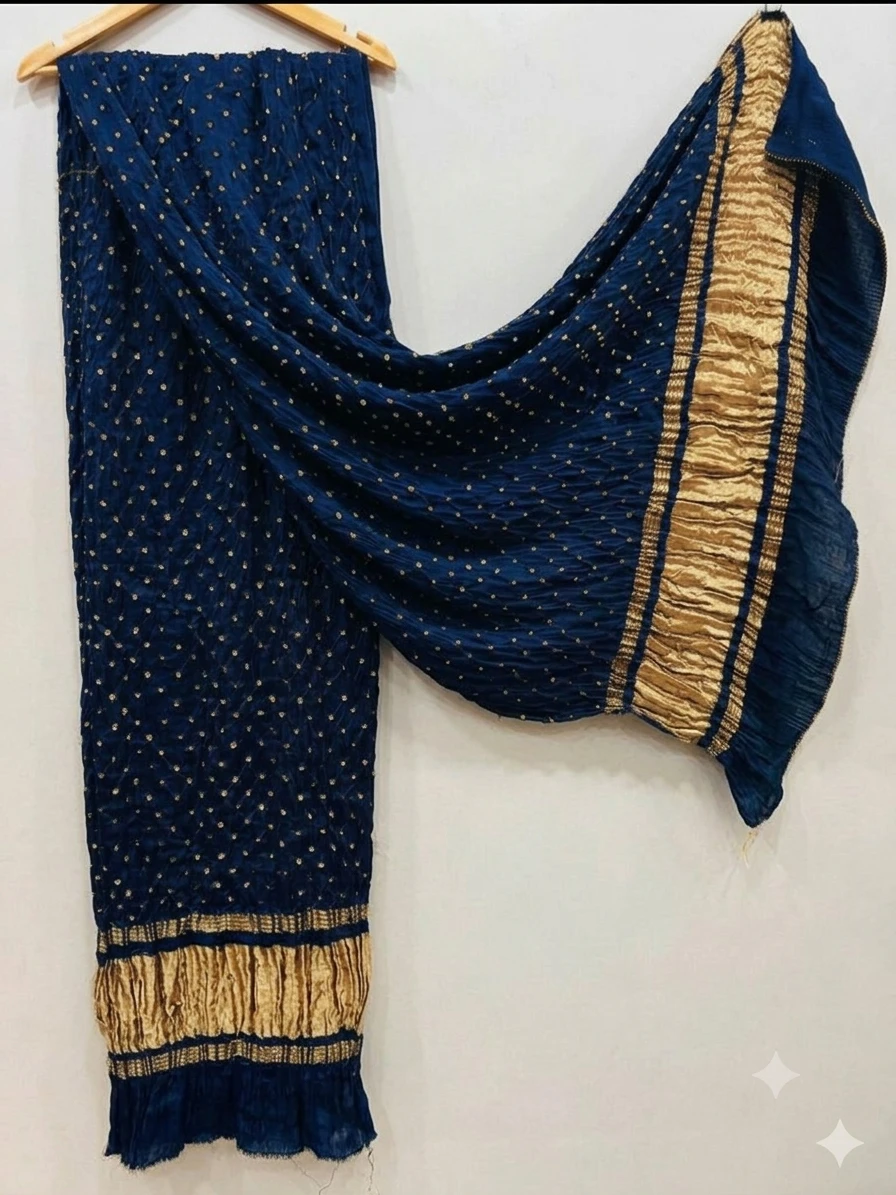 Women's navy blue Bandhani dupatta with gold border