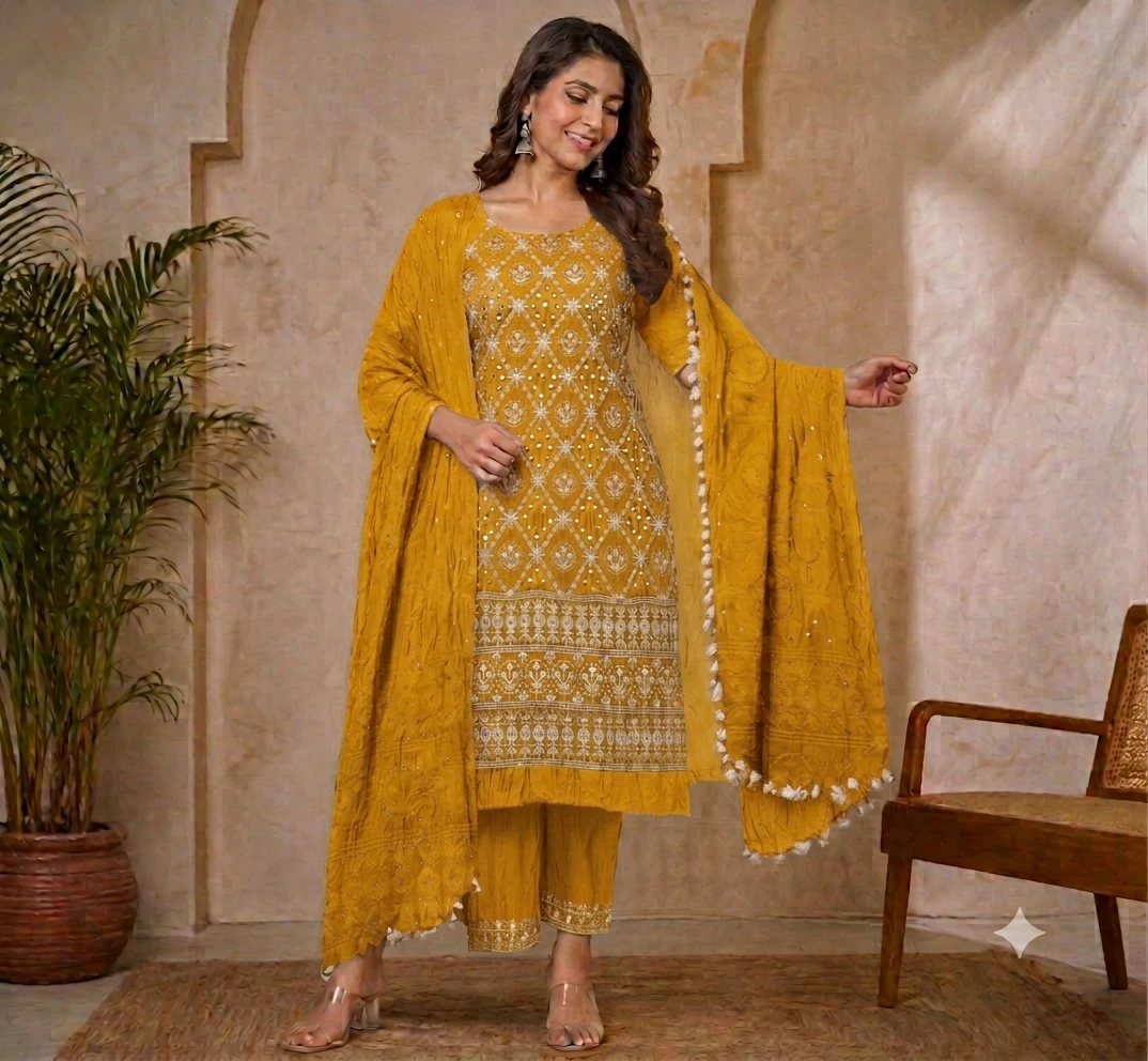 Women's Mustard Embroideri Amit Bandhani dress material Set with Dupatta