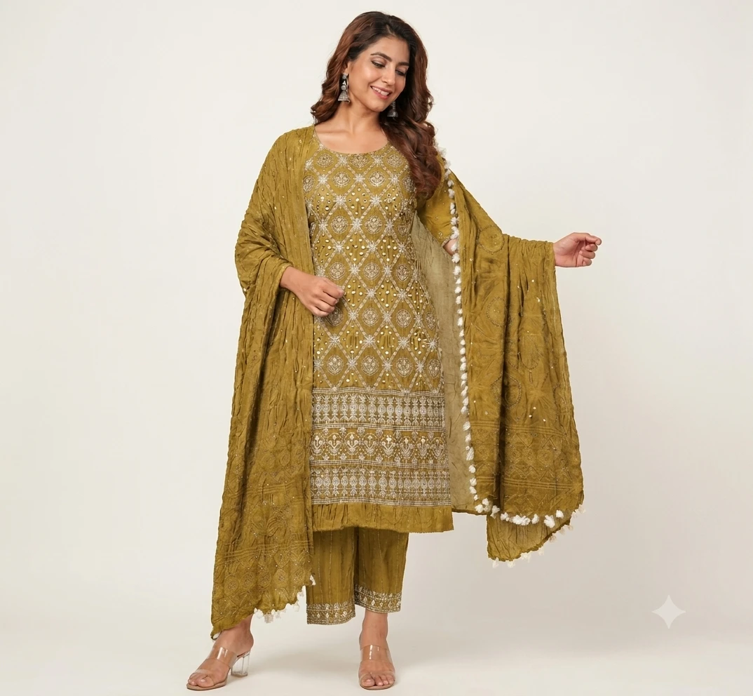 Women's Olive Embroidri with Bandhani dress material Set with Dupatta