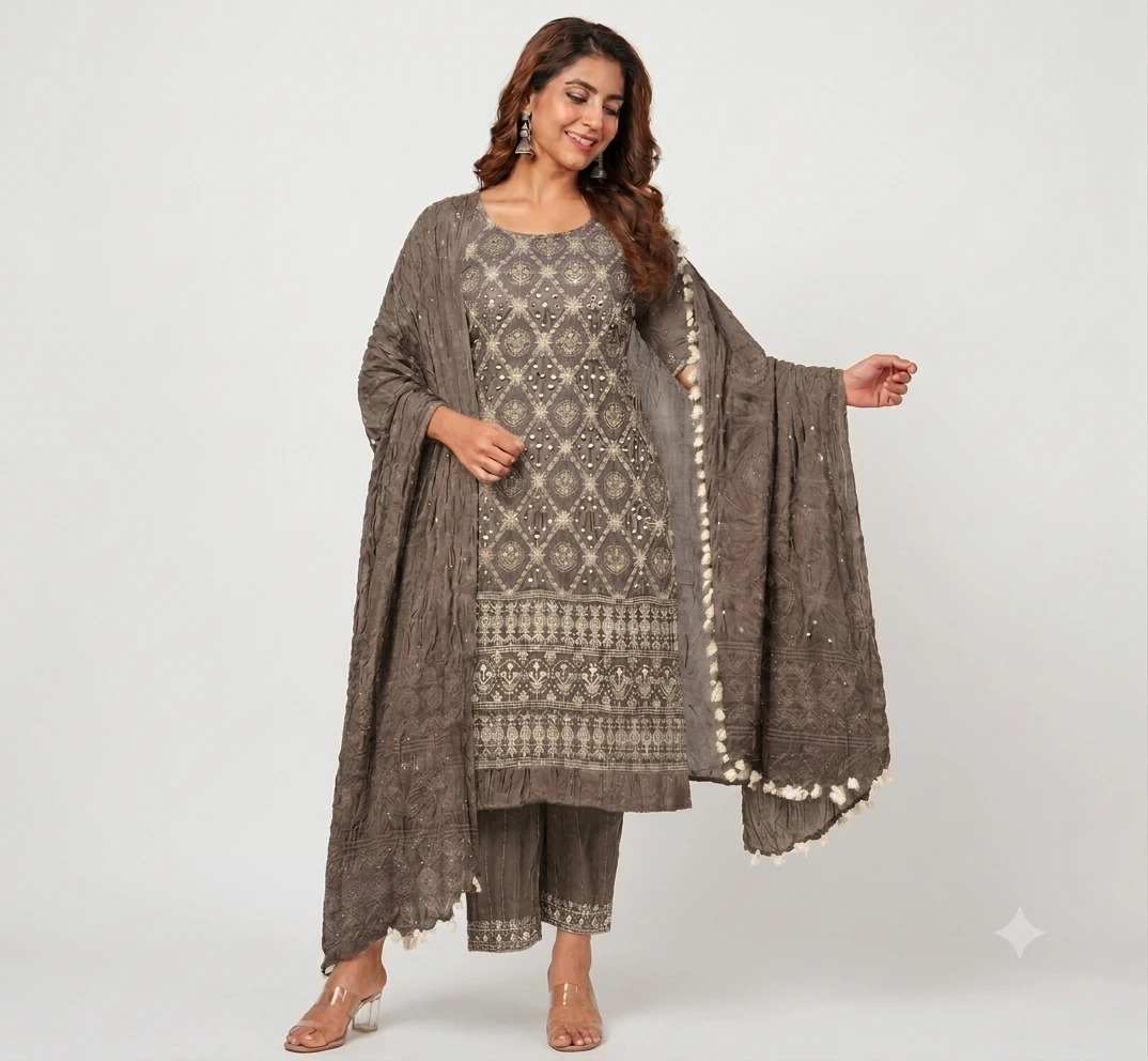 Women's Embroideri with Bandhani dress material Set with Dupatta