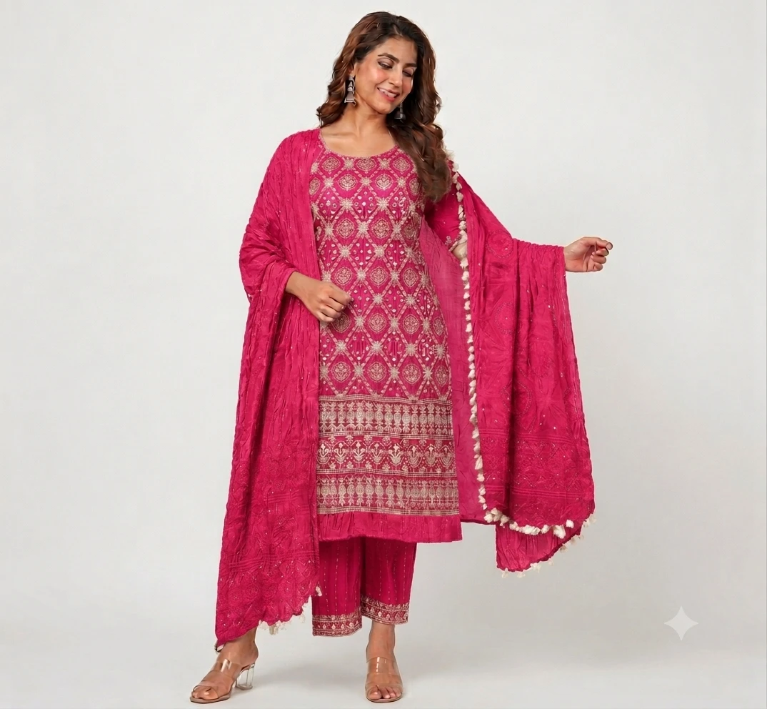 Women's Pink embroidery with Bandhani dress materialSet with Dupatta
