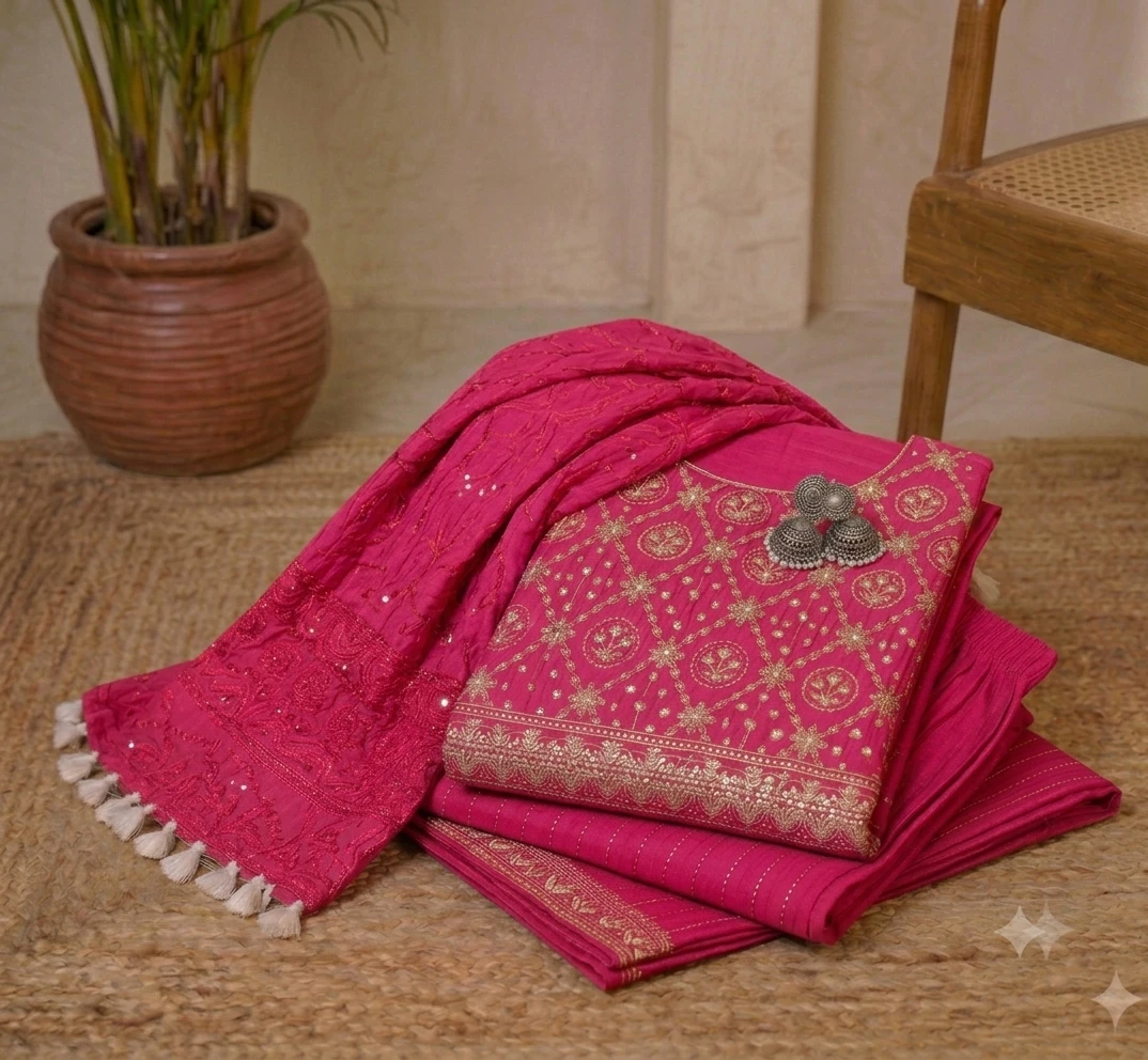 Woman wearing a bright pink embroidered kurta set with matching pants and dupatta