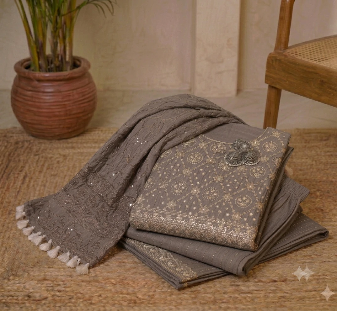 Woman wearing a grey embroidered kurta palazzo set with matching dupatta and tassel border