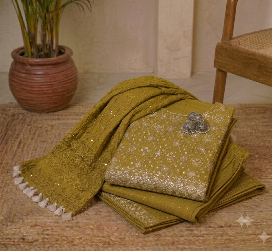 Woman wearing an olive embroidered kurta palazzo set with matching dupatta and silver detailing