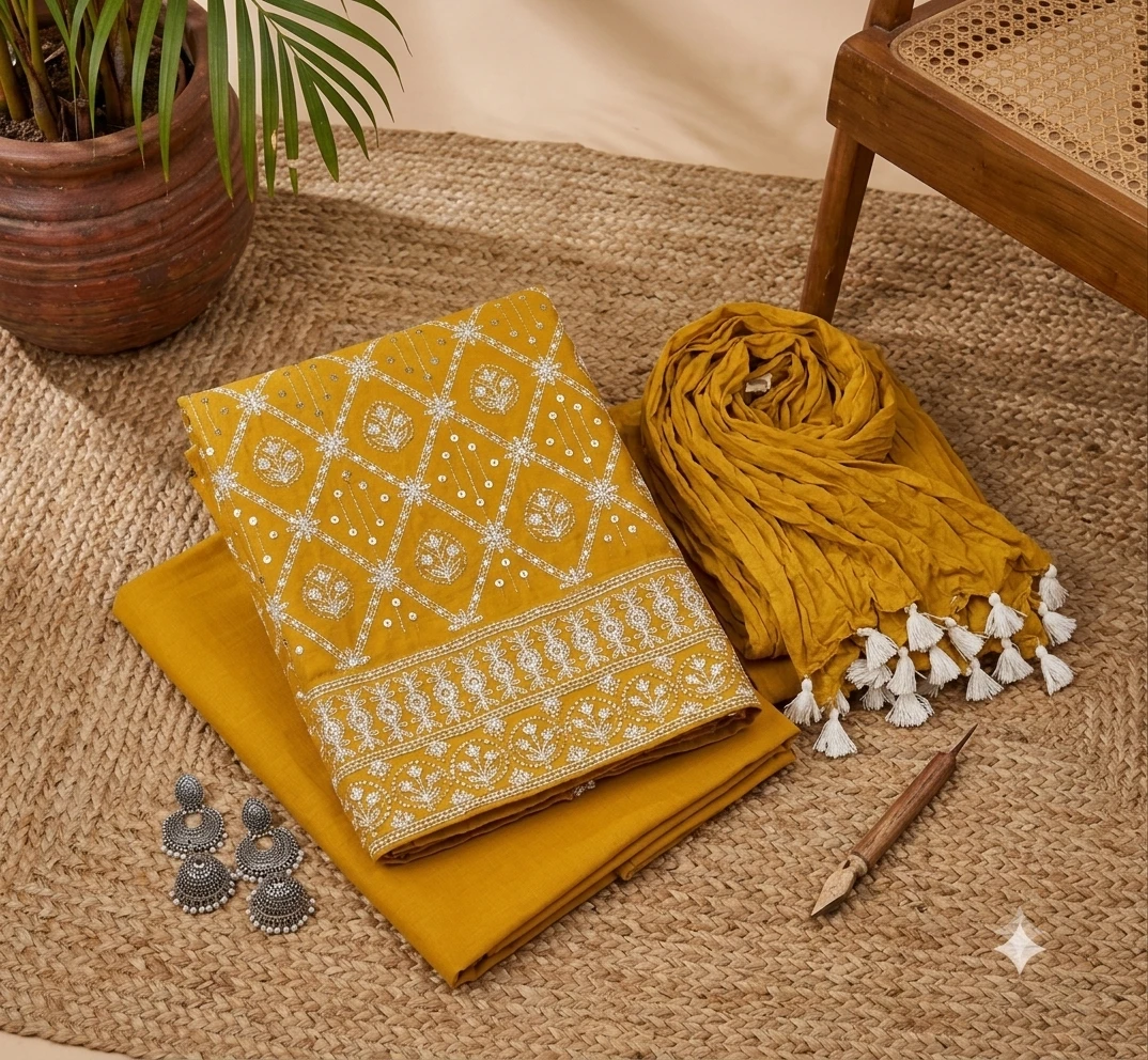 Woman wearing a mustard embroidered kurta palazzo set with matching dupatta and tassel details