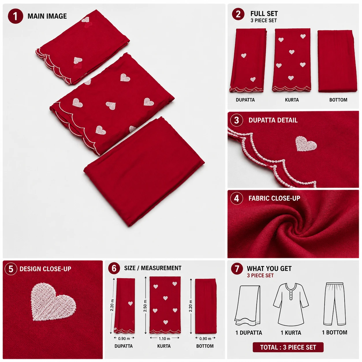 Folded red saree fabric set with white heart motifs and scalloped embroidered border