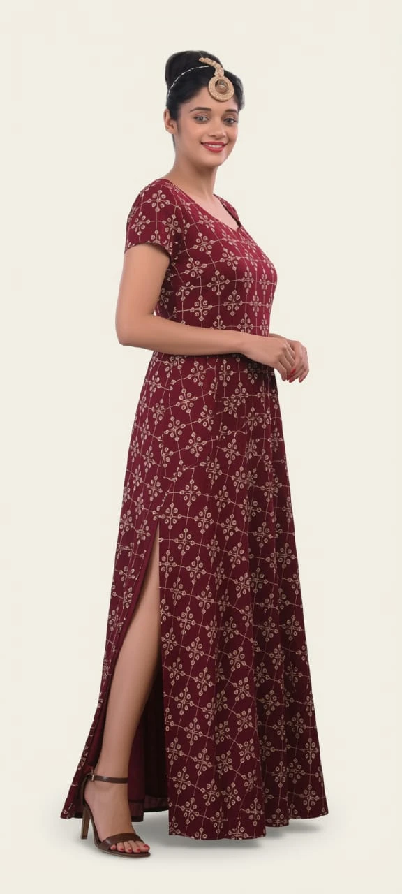 Girls Maroon Printed Ethnic Gown Dress view 3