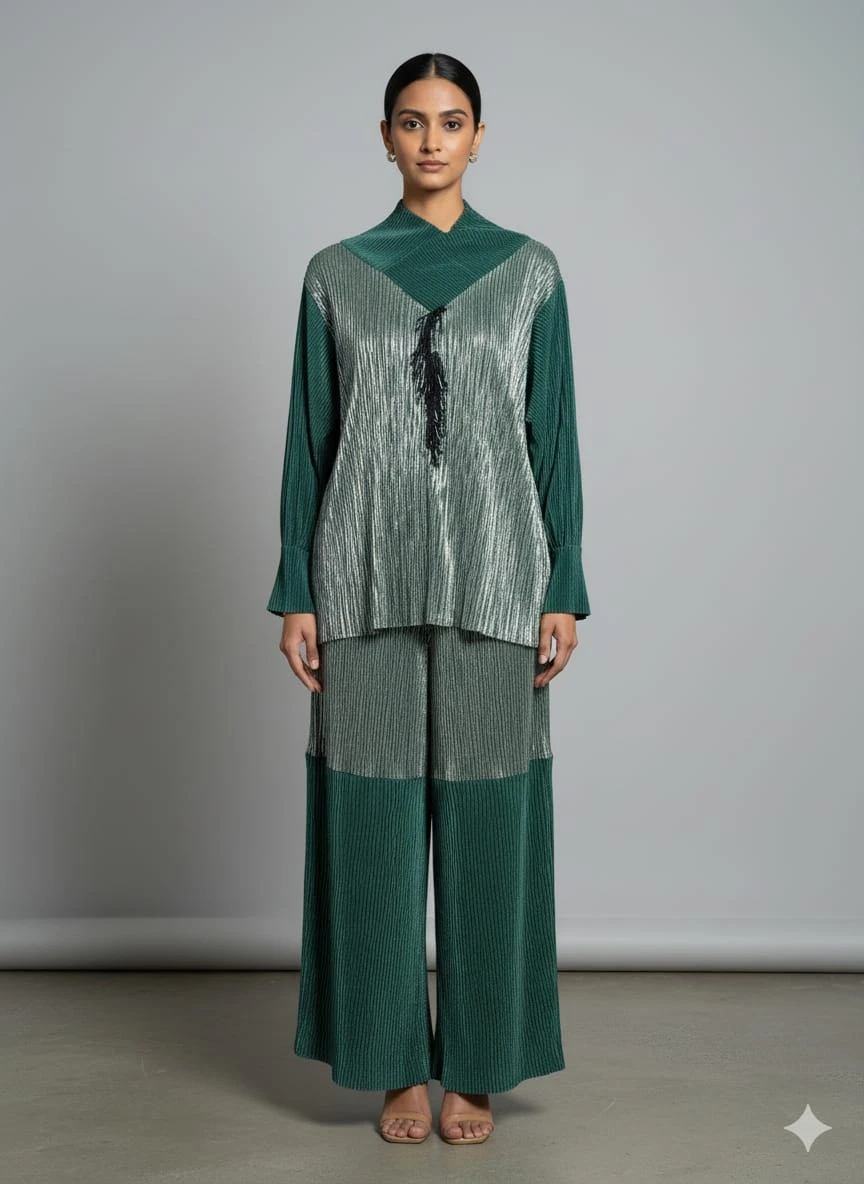 Women's Green & Silver Pleated Kurta with Palazzo Set