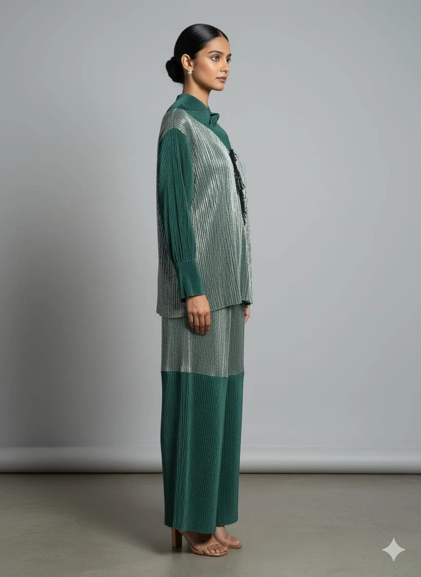 Woman wearing a green and silver pleated kurta with matching wide-leg palazzo pants