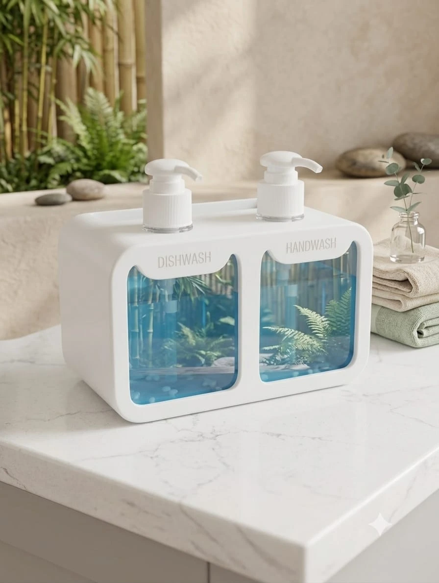 White dual pump dispenser labeled dishwash and handwash with blue liquid in transparent front chambers