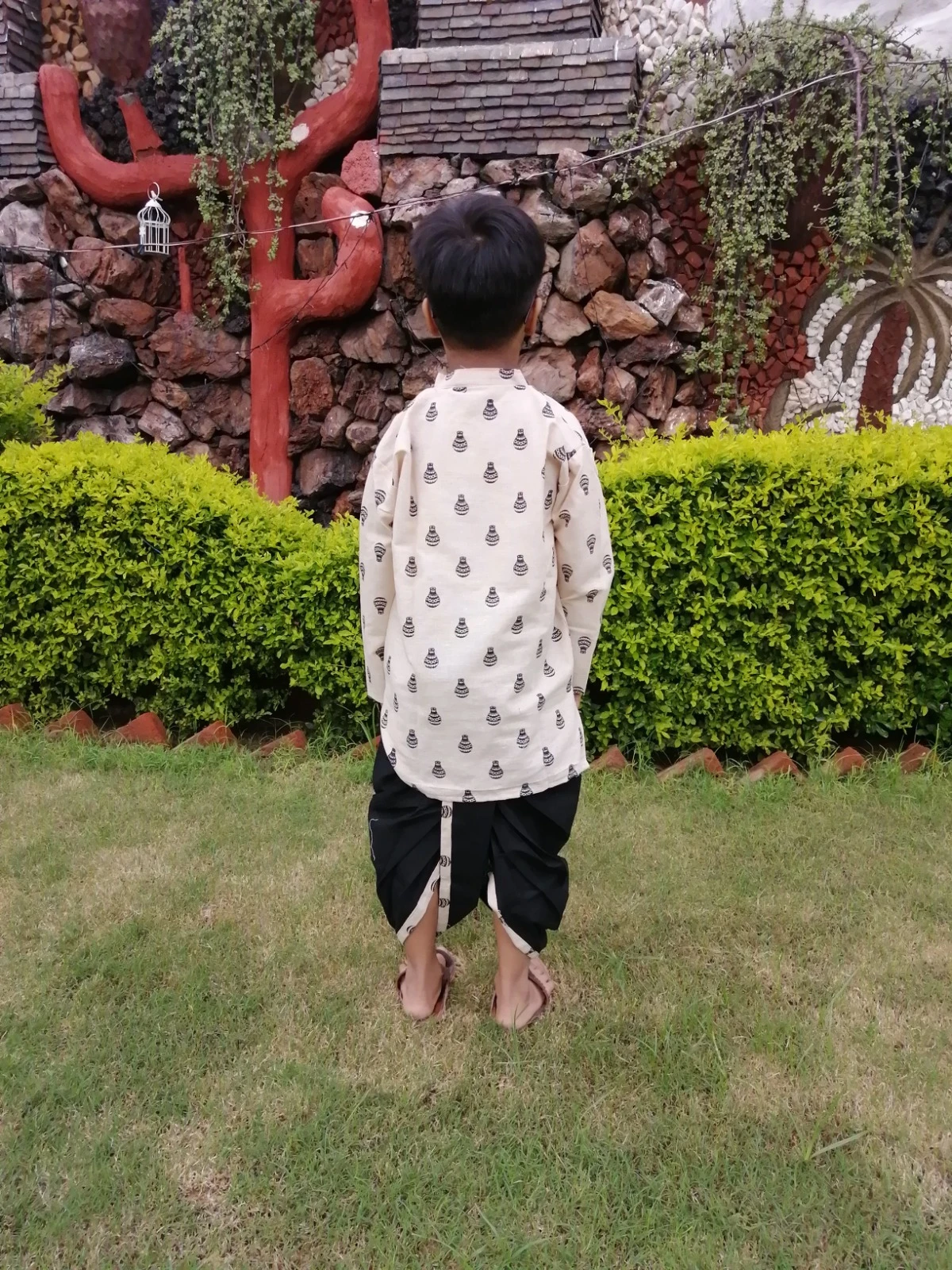 Boys Cream Black Kurta Dhoti Set view 3