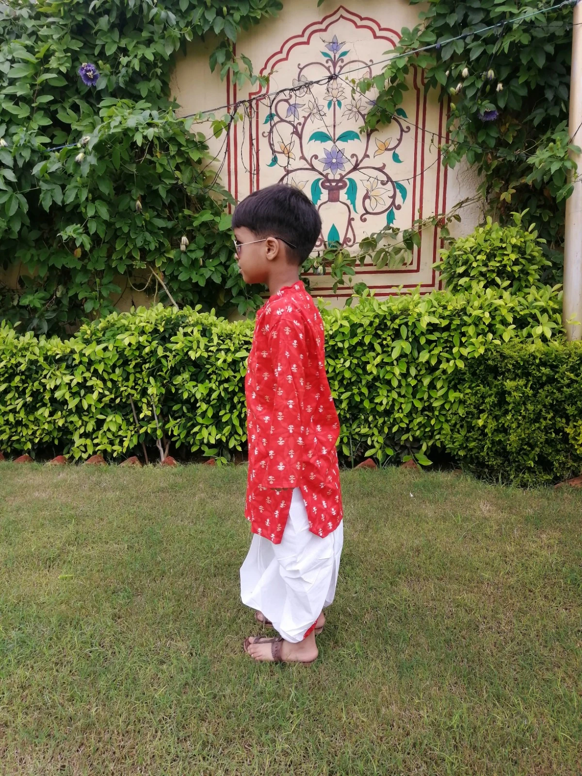 Boys Red Printed Kurta Dhoti Set view 3