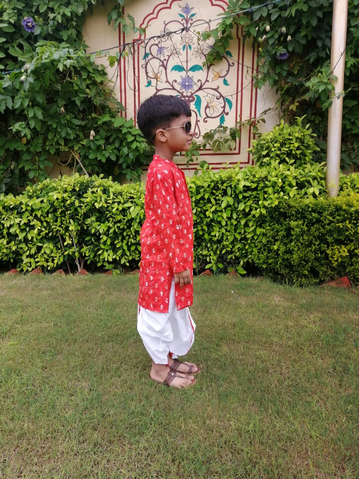 Boys Red Printed Kurta Dhoti Set view 2