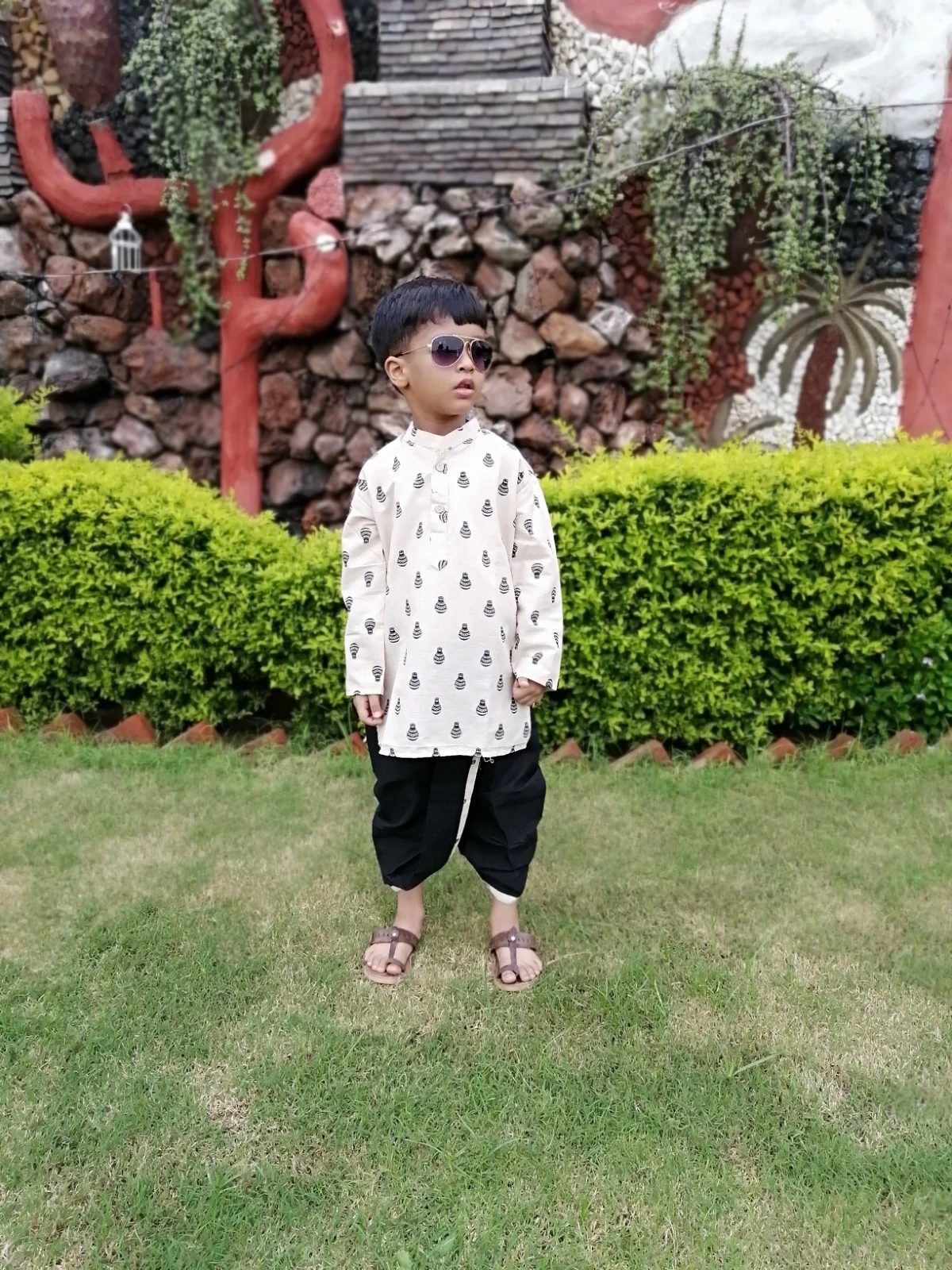 Boys Cream Black Kurta Dhoti Set view 2