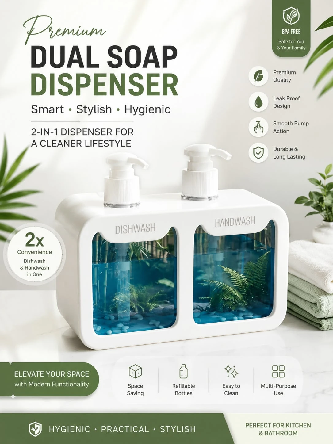 White dual pump dispenser labeled dishwash and handwash with blue liquid in transparent front chambers