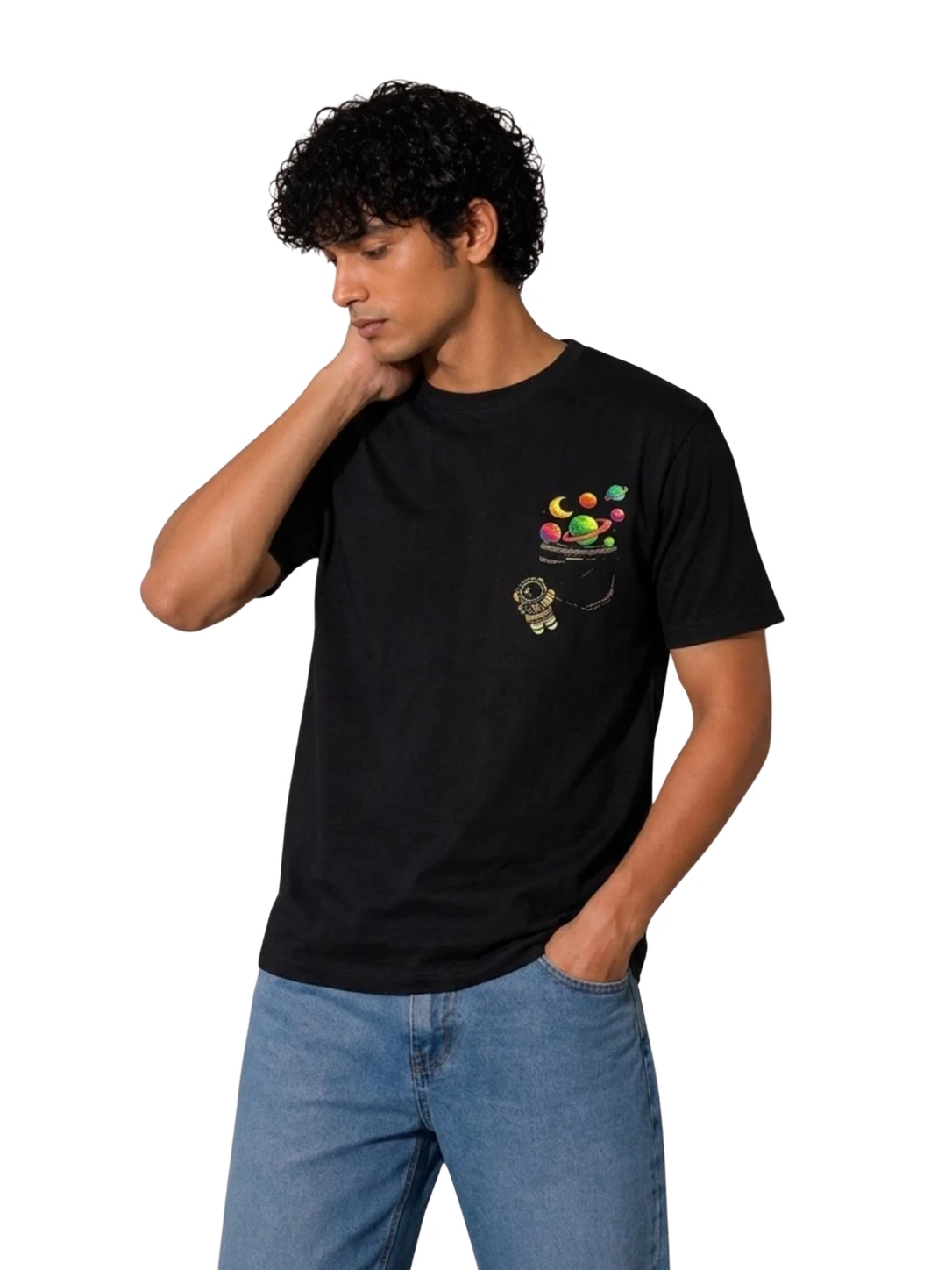 Men's Black Space Graphic Seamless Printed T-Shirt