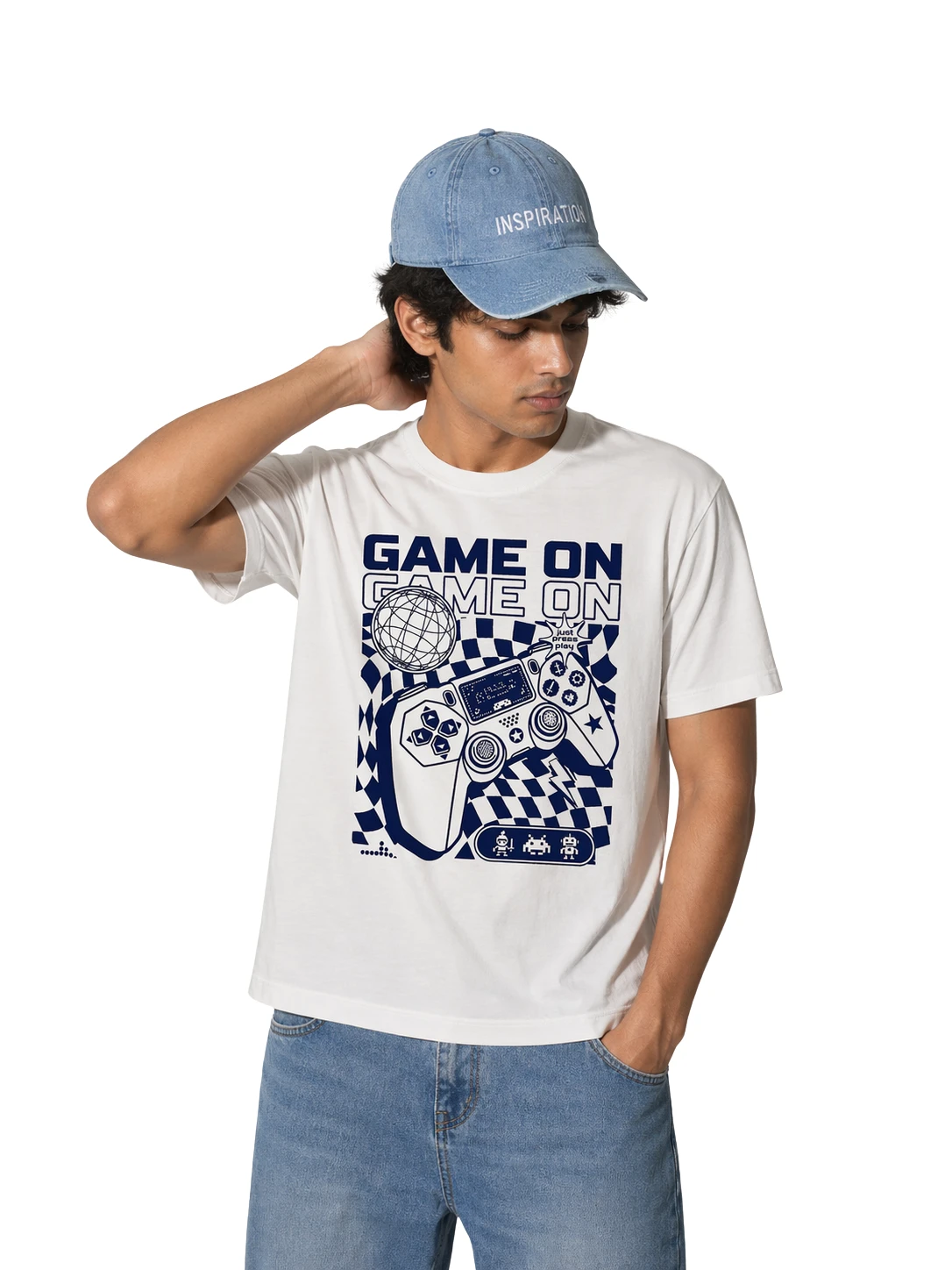 White " Game On" Graphic Seamless T- Shirt