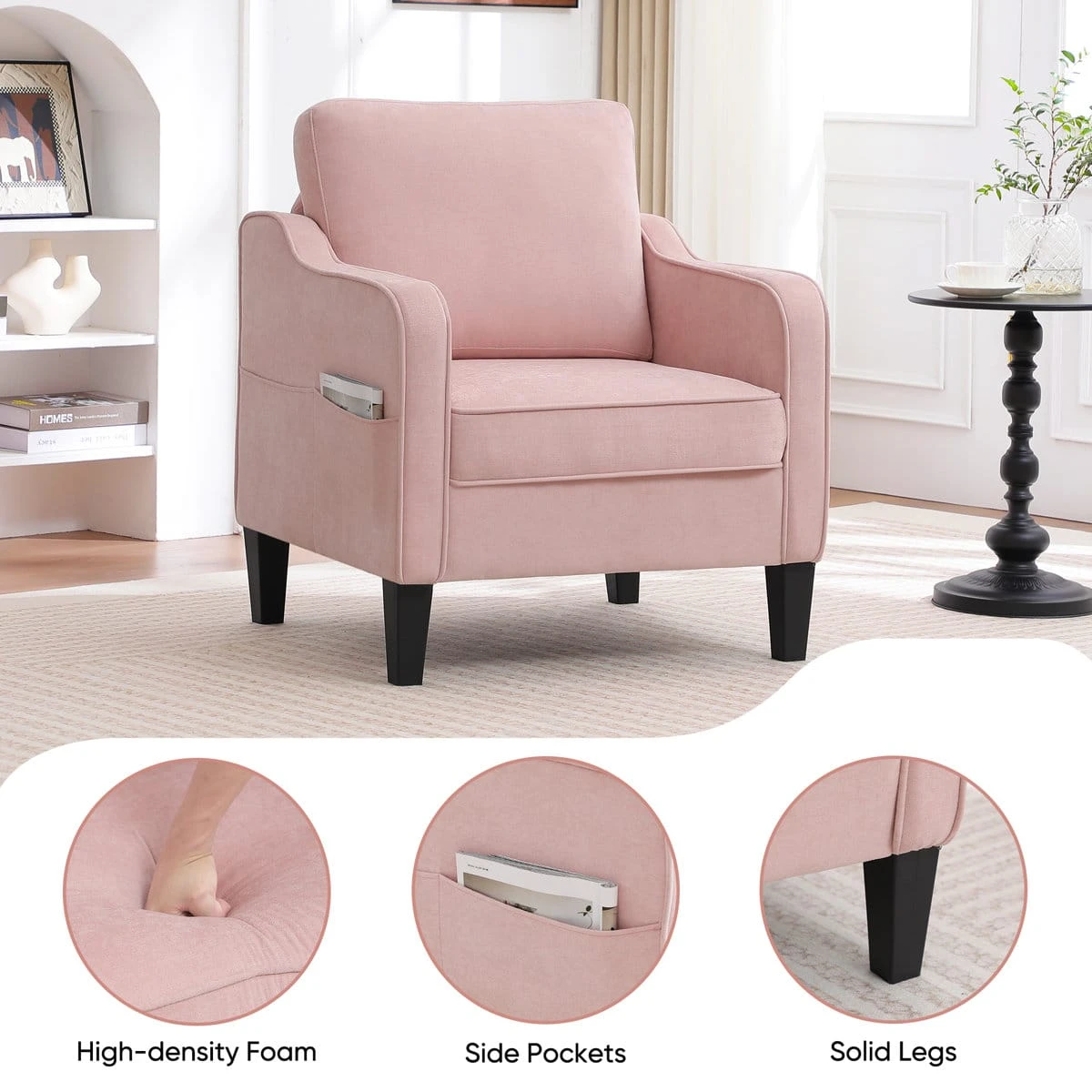 Front angled view showing the chair's side pocket, cushioned seat, and inset feature circles for foam and legs