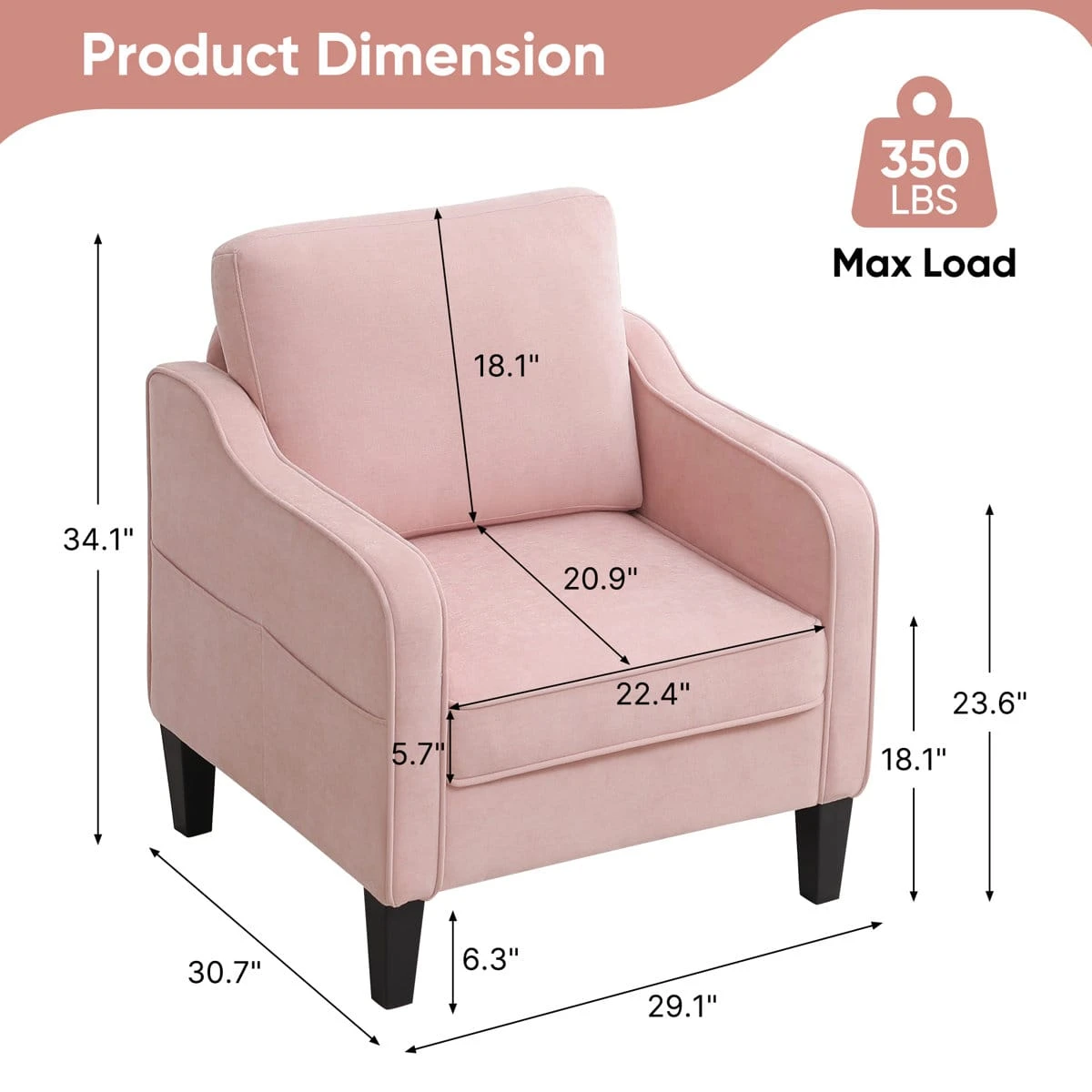 Dimension chart for the pink armchair showing overall size and 350 lbs max load