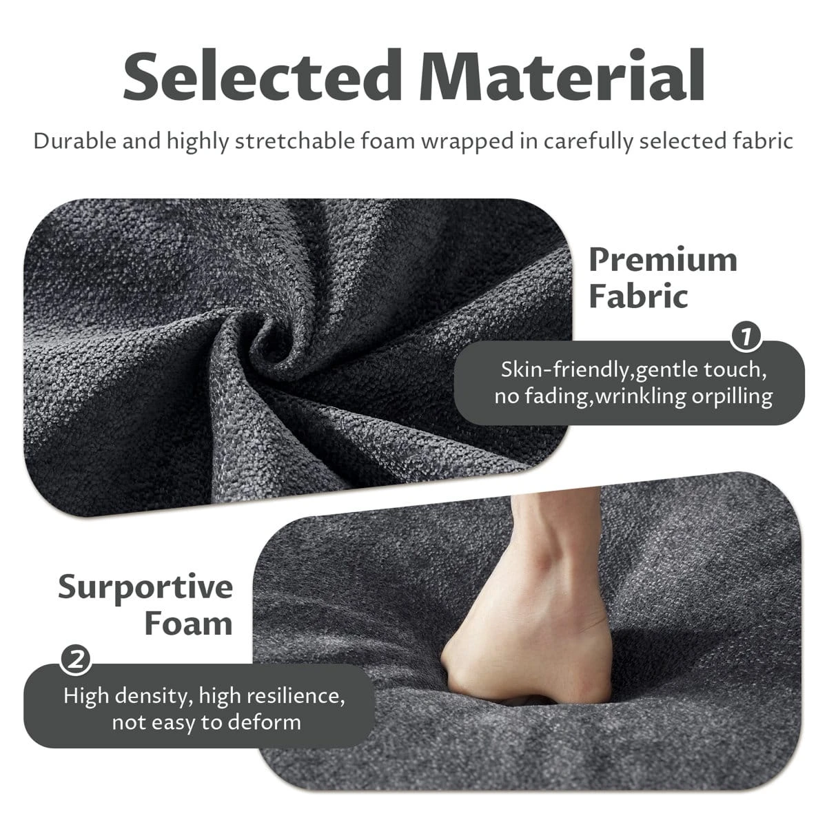 Close-up infographic of textured grey fabric and foam seat compression under foot pressure