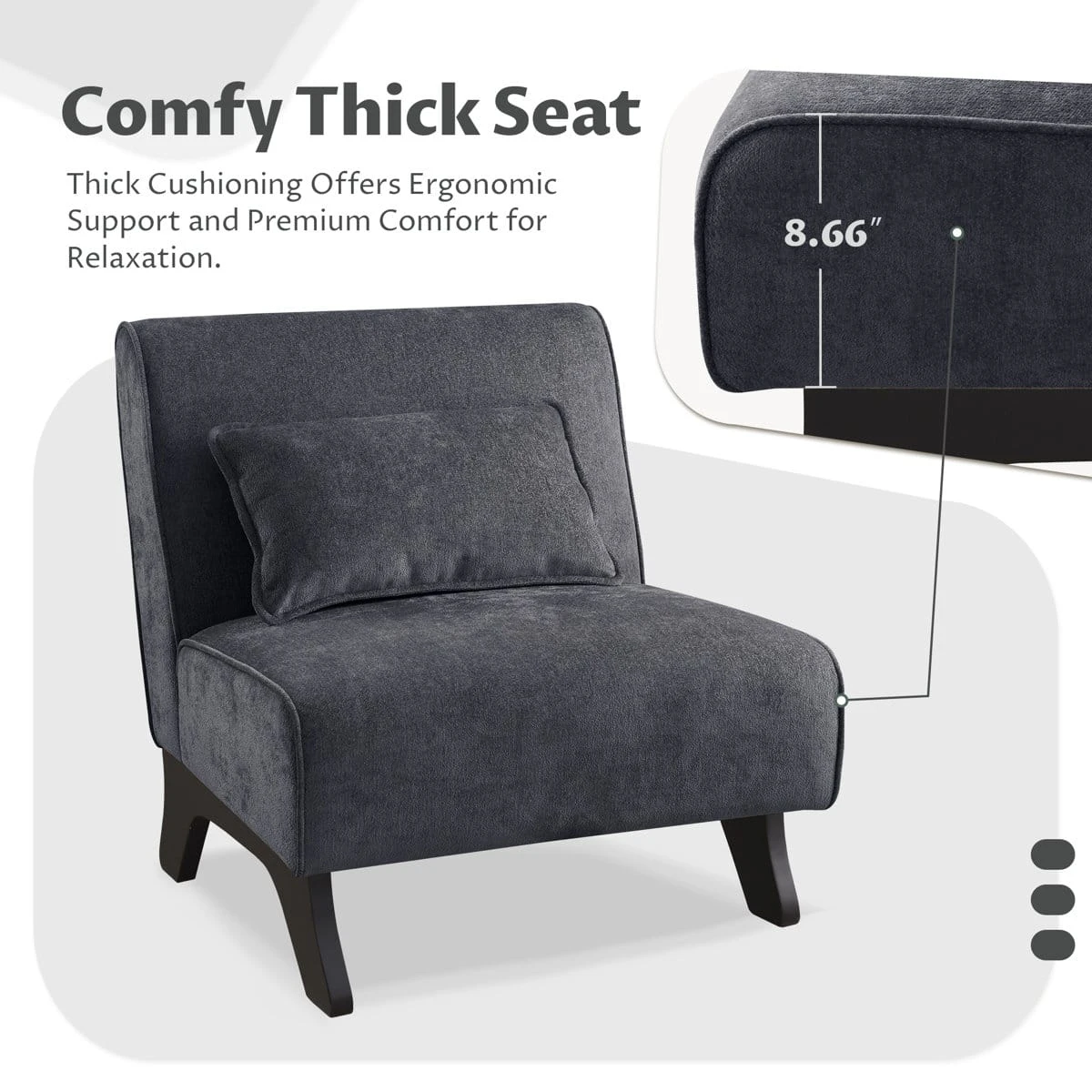 Side detail of thick cushioned seat with 8.66-inch seat thickness callout