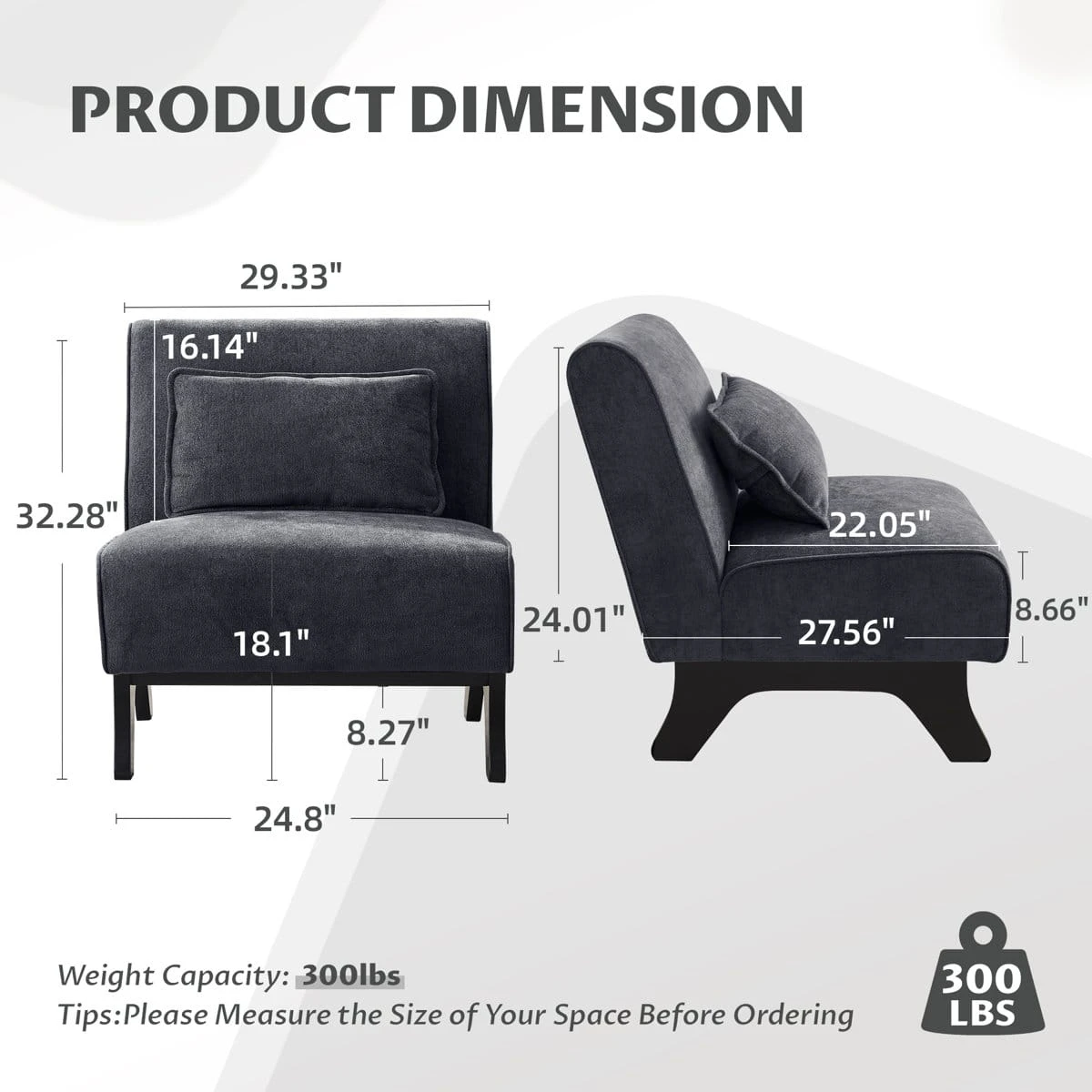 Dimension chart showing front and side measurements and 300 lb weight capacity