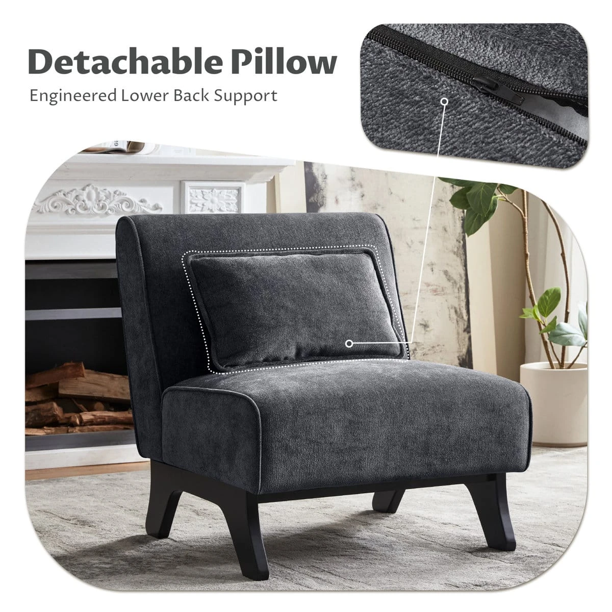 Feature graphic highlighting the removable lumbar pillow and zipper detail on the dark grey chair