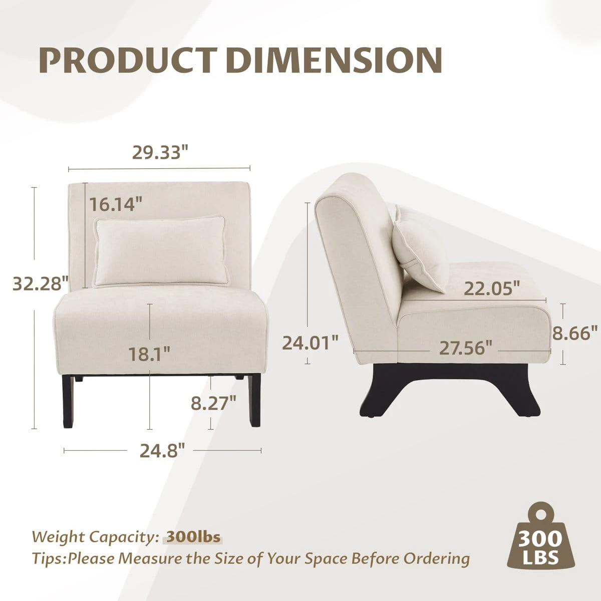 Dimension chart showing front and side measurements and 300 lb weight capacity